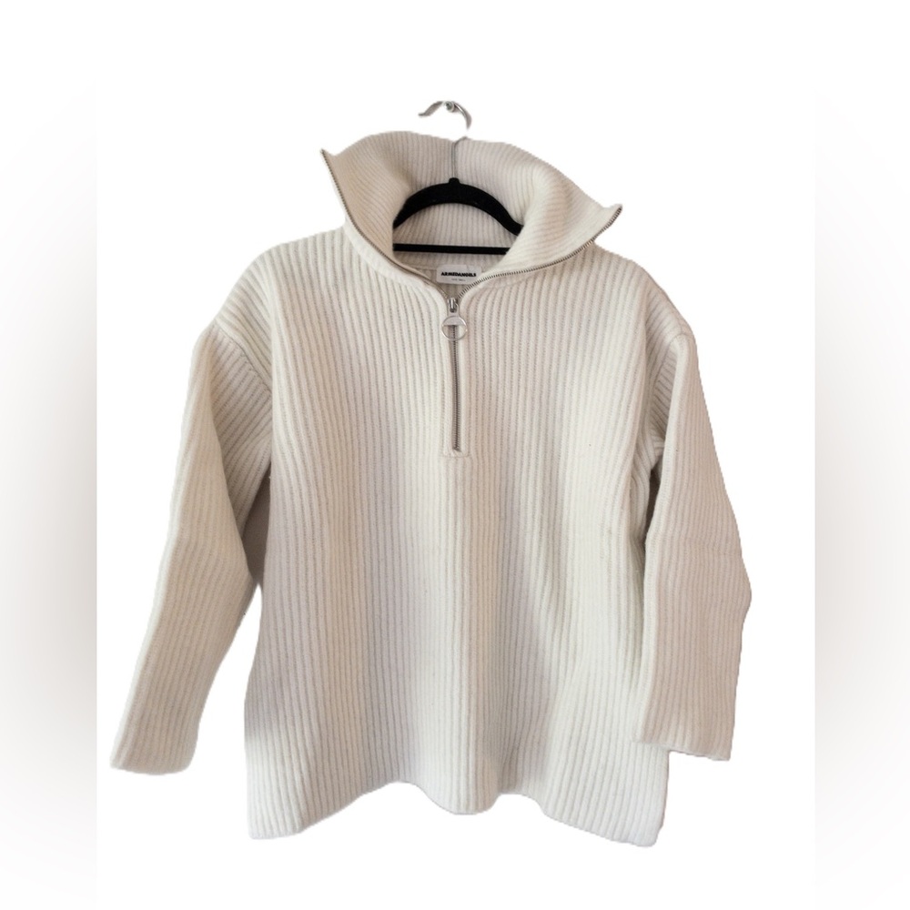 Armedangels Wool Cozy Cream Half-Zip Sweater Side Slits SZ S